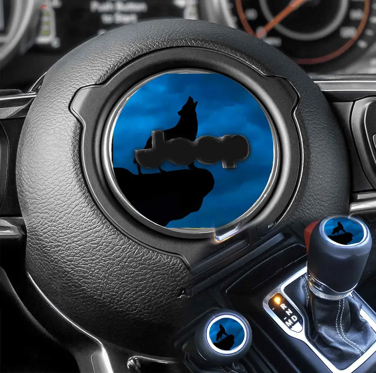 Blue Wolf-Themed Steering Wheel Decal with Sunflower Accent