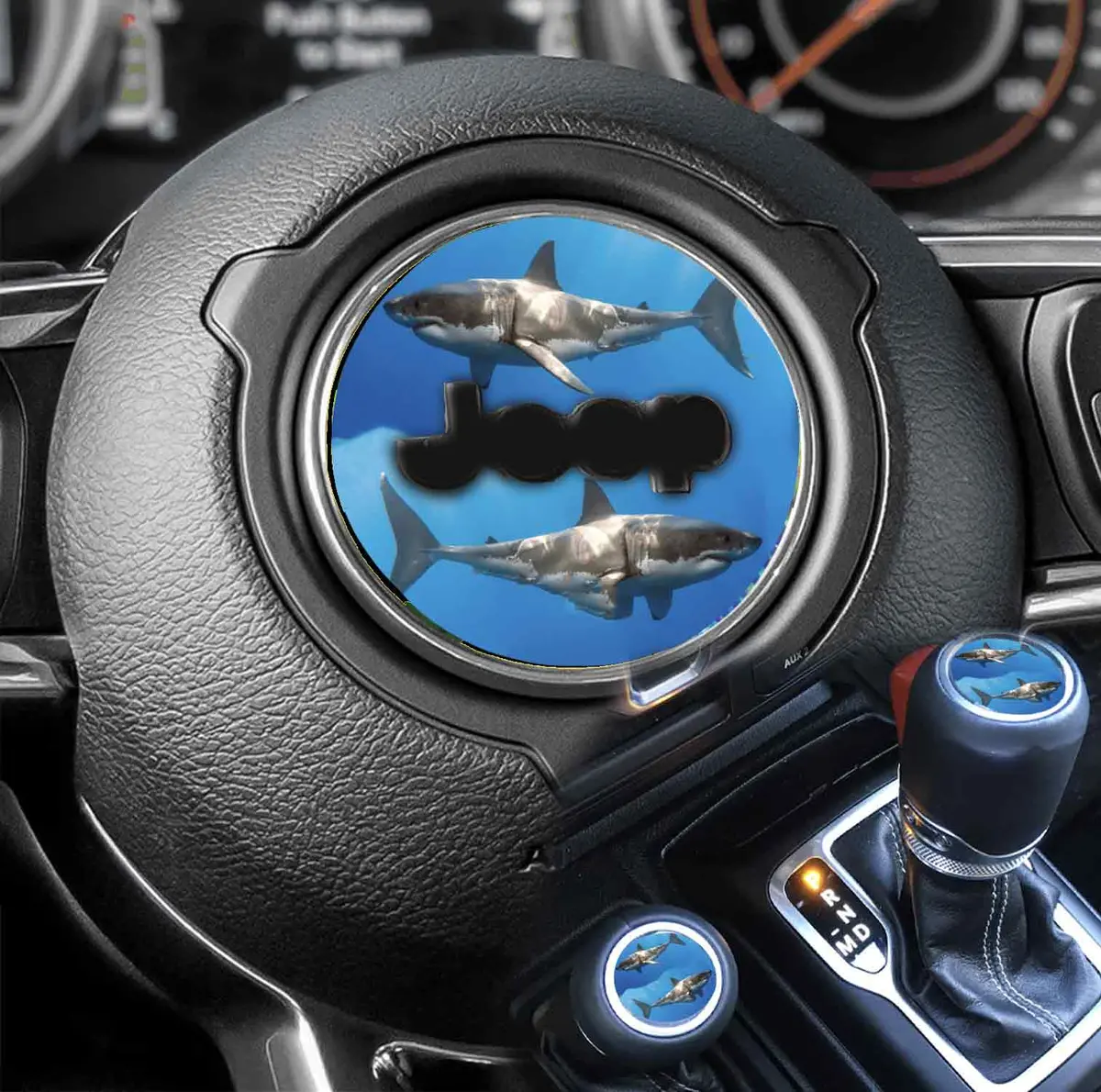 Custom shark-design steering wheel decal for personalized vehicle interiors