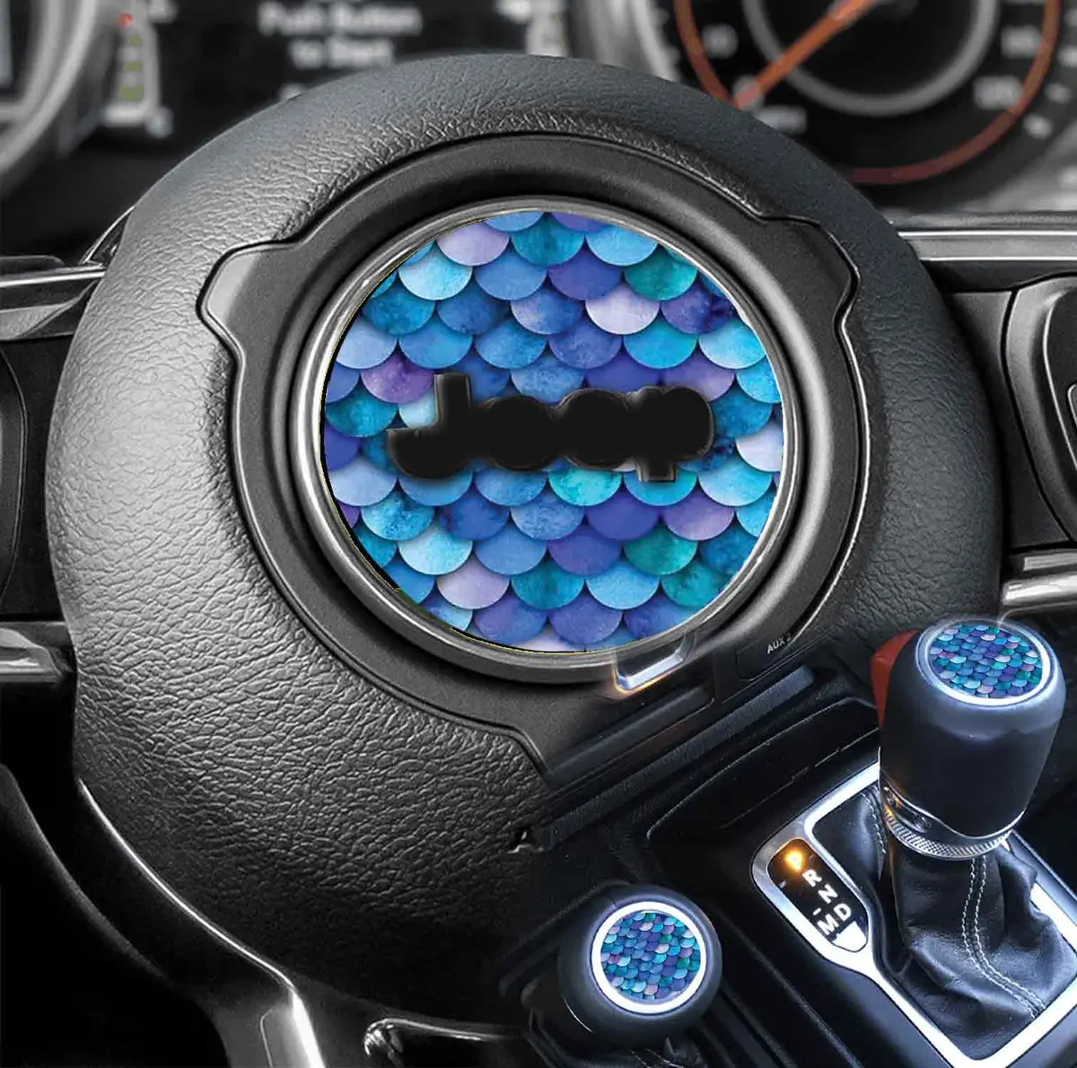 Eye-catching mermaid scale-themed decal designed for steering wheels—adds whimsical flair and personal style to your vehicle's interior.