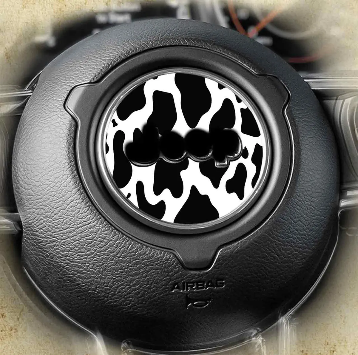 Adhesive cow pattern decal for car steering wheels, sized at 145 millimeters