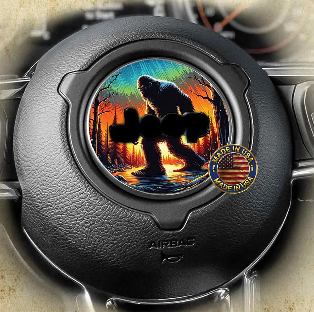 Bold Bigfoot steering wheel decal designed for a 138mm wheel hub, featuring rugged off-road style and easy peel-and-stick application.