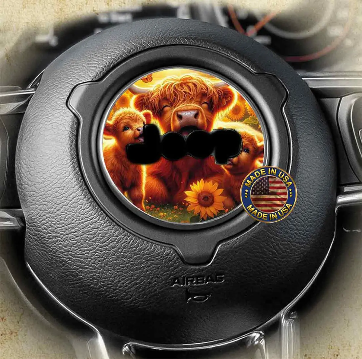 Adorable Highland Cattle-Themed Decal for Car Steering Wheels