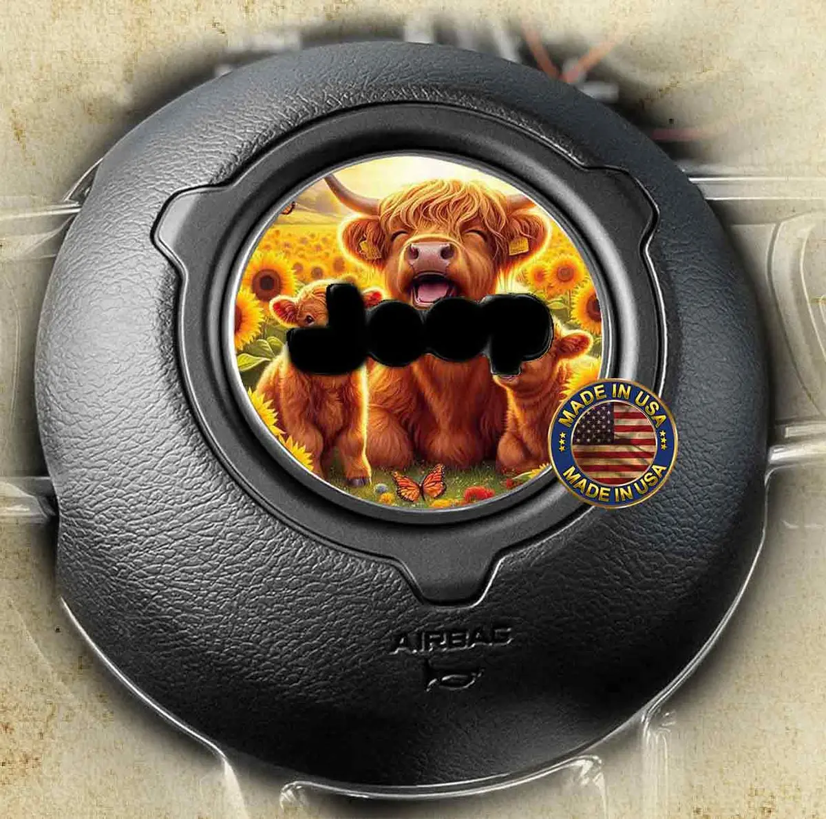 Adorable Highland Cow-Themed Steering Wheel Decal for Baby Celebrations