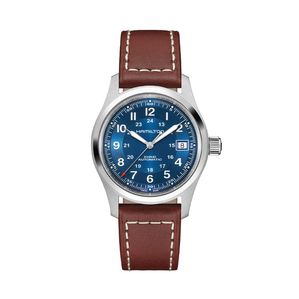 Khaki Field Auto Date 42Mm - Blue On Leather Strap 1