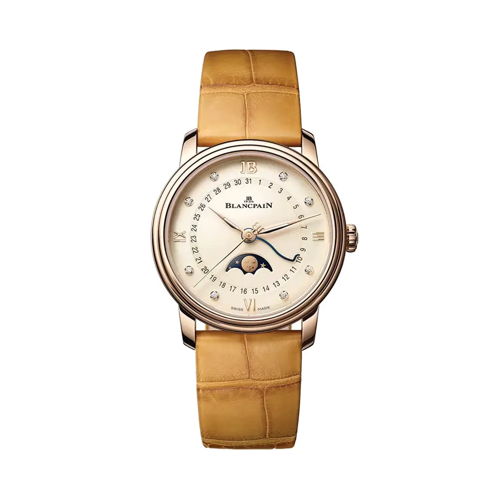 Villeret Moonphase Red Gold 33.2Mm - Opaline W/ Diamonds On Leather Strap 1