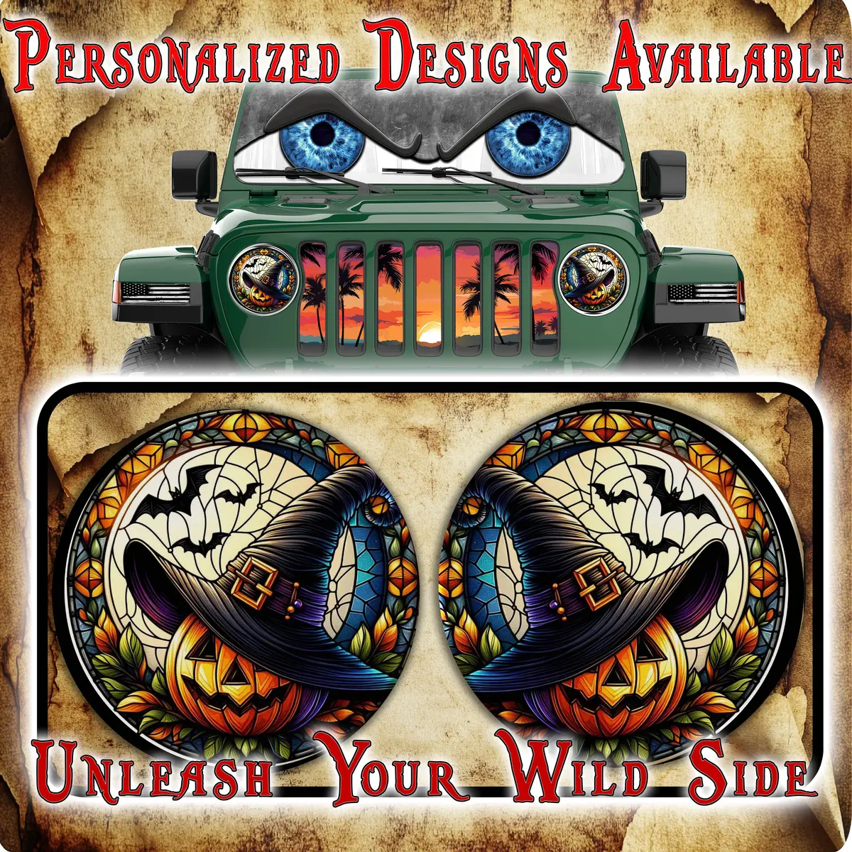 Pumpkin With Which Hat-Stained Glass Round Headlight Decals 14 1