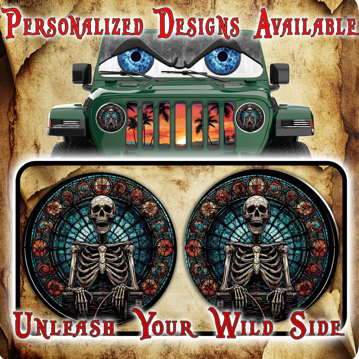 Skeleton Jeep Wave-Stained Glass Round Headlight Decals 15 1
