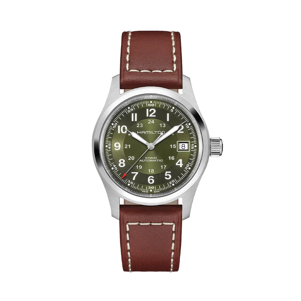 Khaki Field Auto Date 42Mm - Green On Leather Strap 1