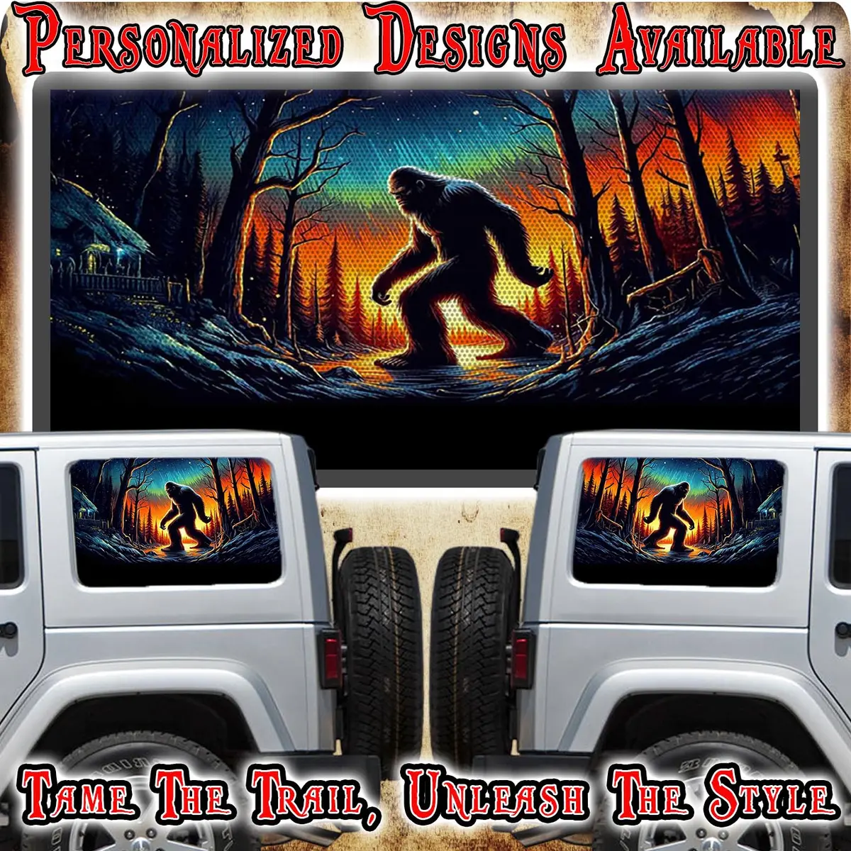 Bigfoot Cabin Rear Quarter Window See Through Graphic. 1