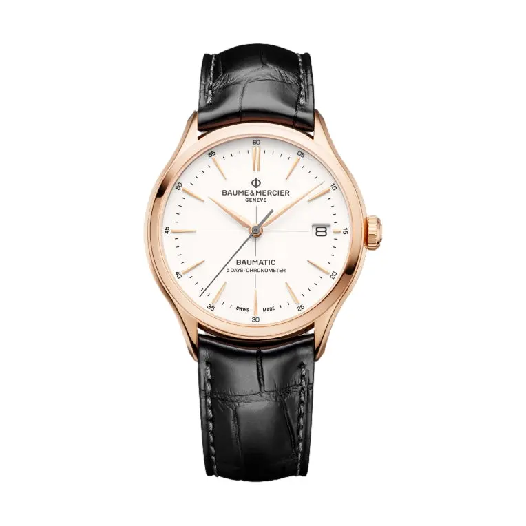 Clifton 10469 Baumatic Cosc 18K Pink Gold 39Mm - Blanc On Leather Strap 1