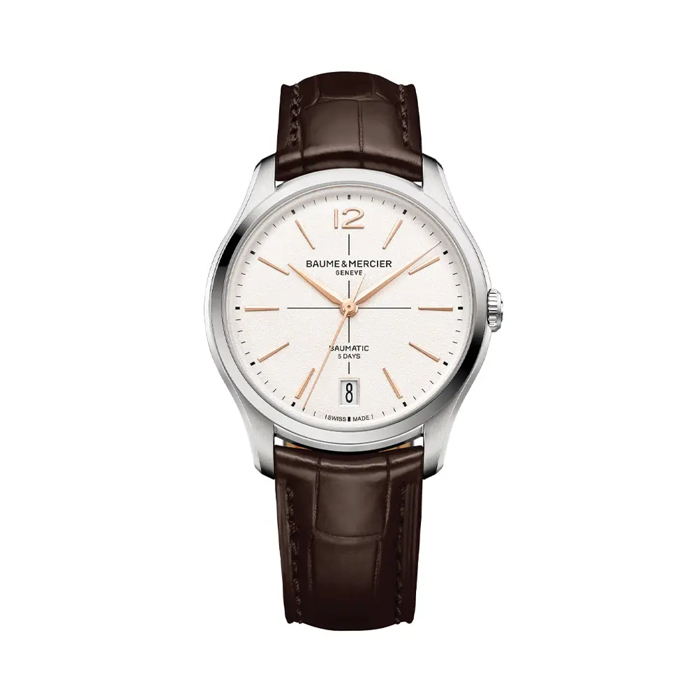 Clifton Round Baumatic 39Mm - White On Leather Strap 1