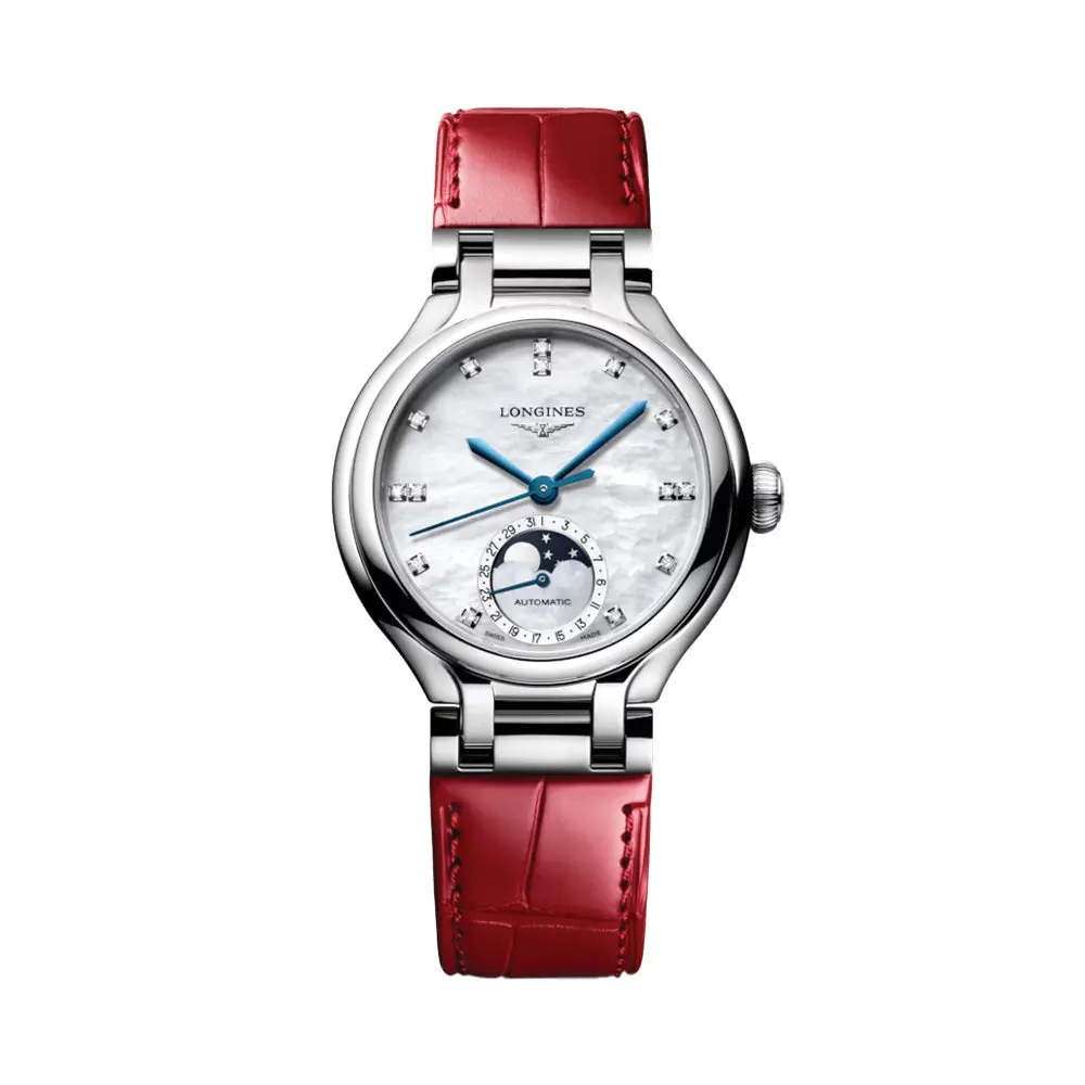 Primaluna Moonphase 34Mm - White, Mother-Of-Pearl W/ Diamonds On Red Leather Strap 1