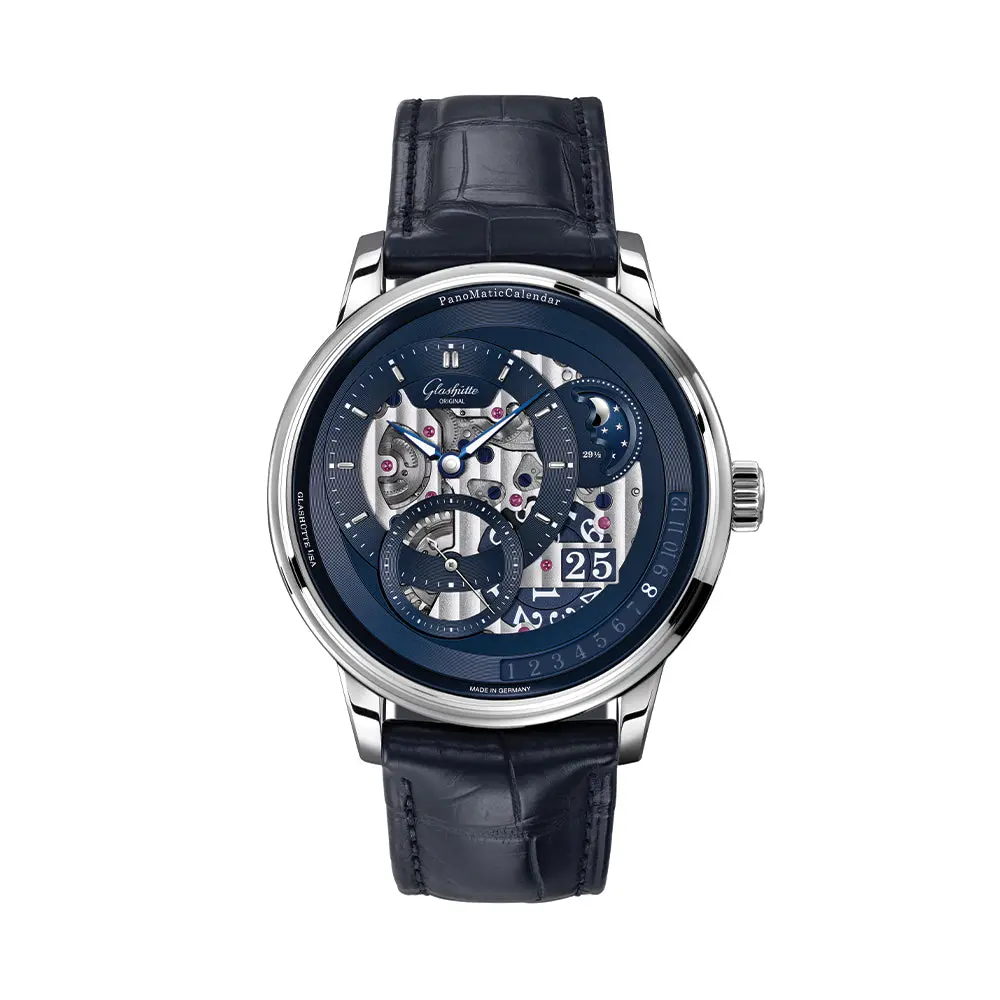 Panomaticcalendar Limited Edition Platinum 42Mm - Skeletonized Deep Blue On Leather Strap 1