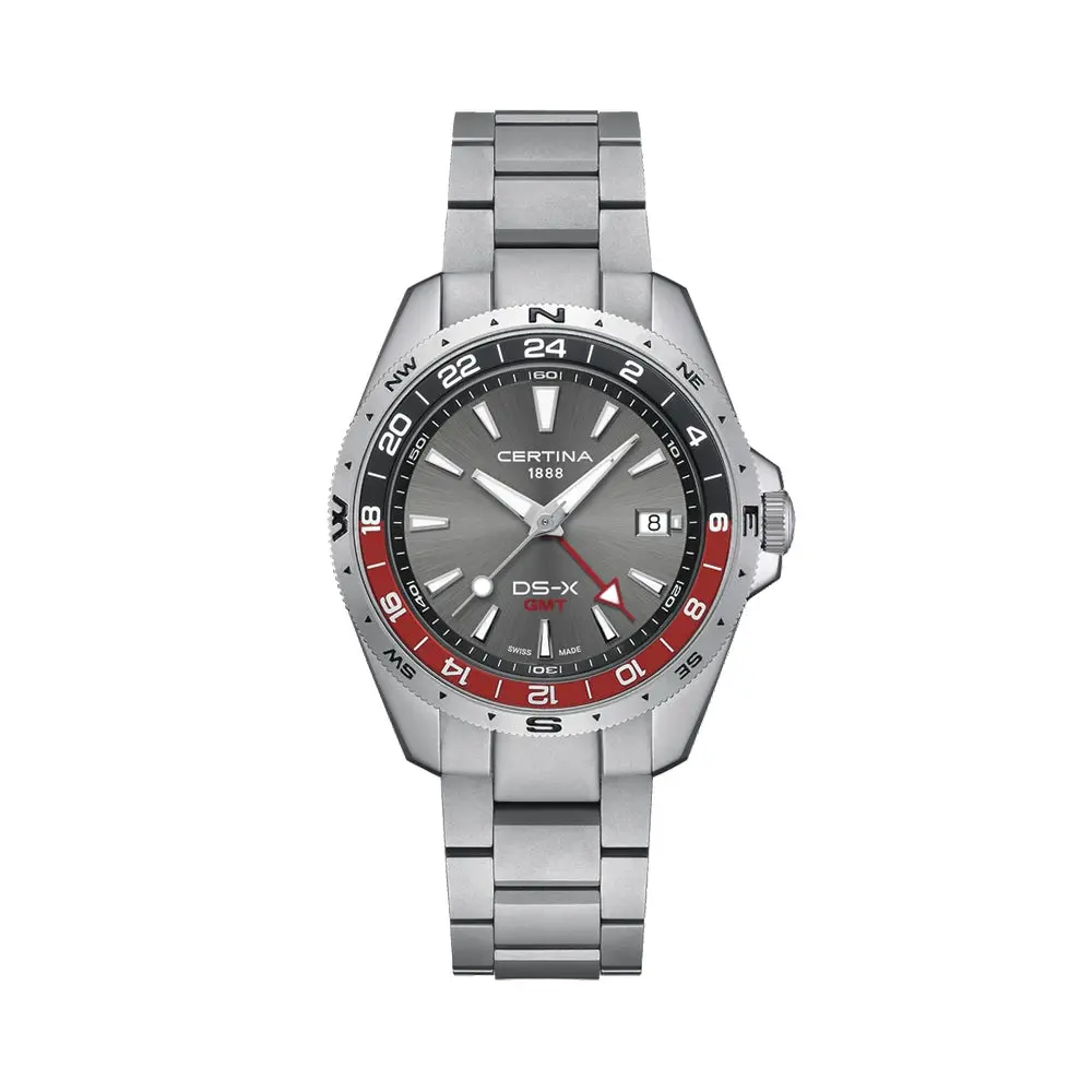 Ds-X “New Ds Concept Extreme Shock Resistance” Gmt Quartz 41Mm - Grey W/ Red Bezel On Bracelet 1