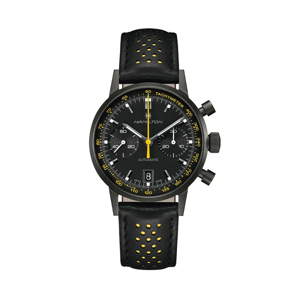 American Classic Intra-Matic Auto Chrono Pvd 40Mm - Black On Leather Strap With Yellow Detailing 1