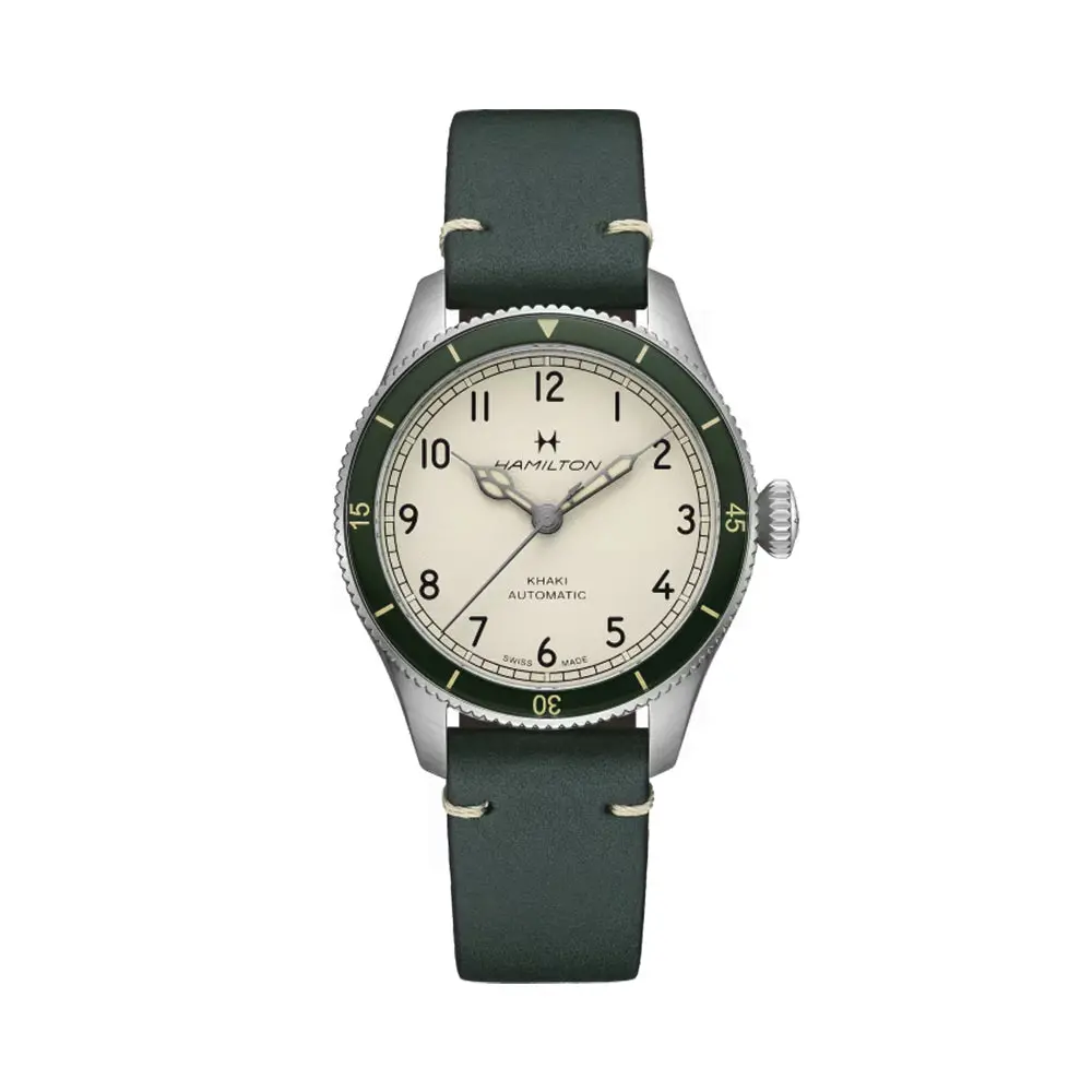 Khaki Aviation Pilot Pioneer Auto 38Mm - White On Green Leather Strap 1