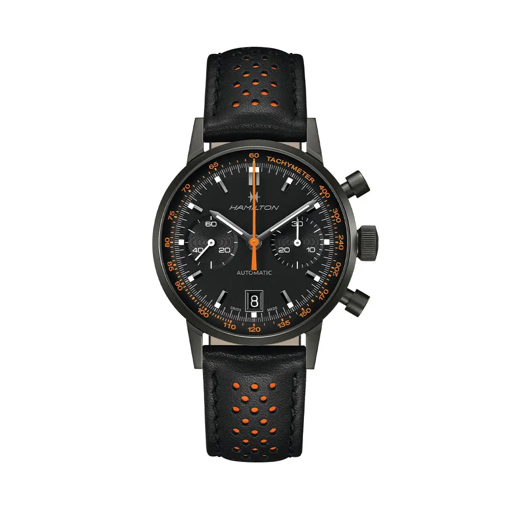 American Classic Intra-Matic Auto Chrono Pvd 40Mm - Black On Leather Strap With Orange Detailing 1