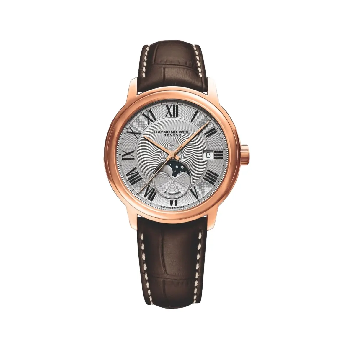 Maestro Moonphase Rose Gold 39.5Mm - Silver On Leather Strap 1