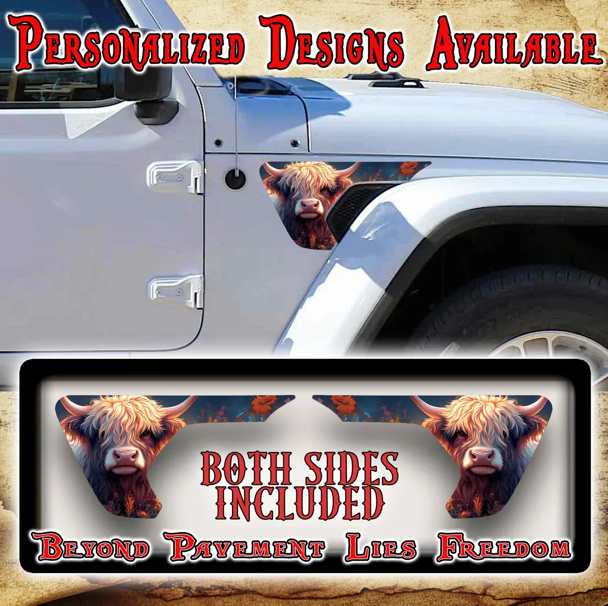 Highland Cow Fender Vent Decal For The Jl Or Jt 2018 Or Newer 1