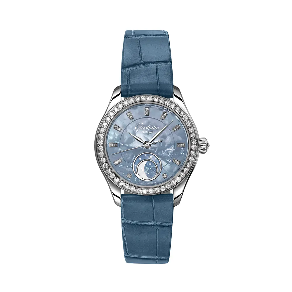 Serenade Luna "Skyline Blue" 32.5Mm - Blue W/ Diamonds And Diamond Bezel On Leather Strap 1