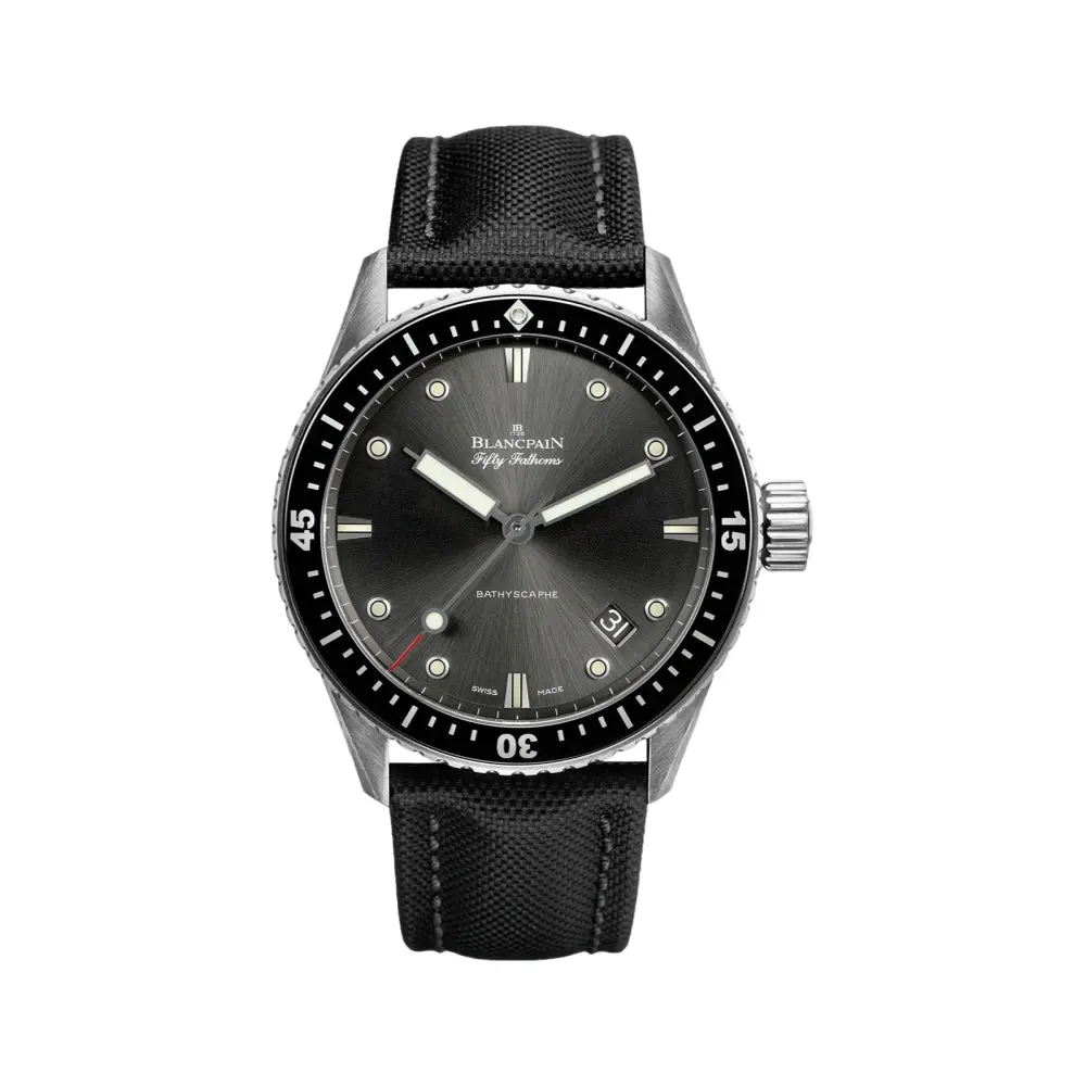 Fifty Fathoms Bathyscaphe Steel And Black Bezel 43Mm - Grey On Sail-Canvas Strap 1
