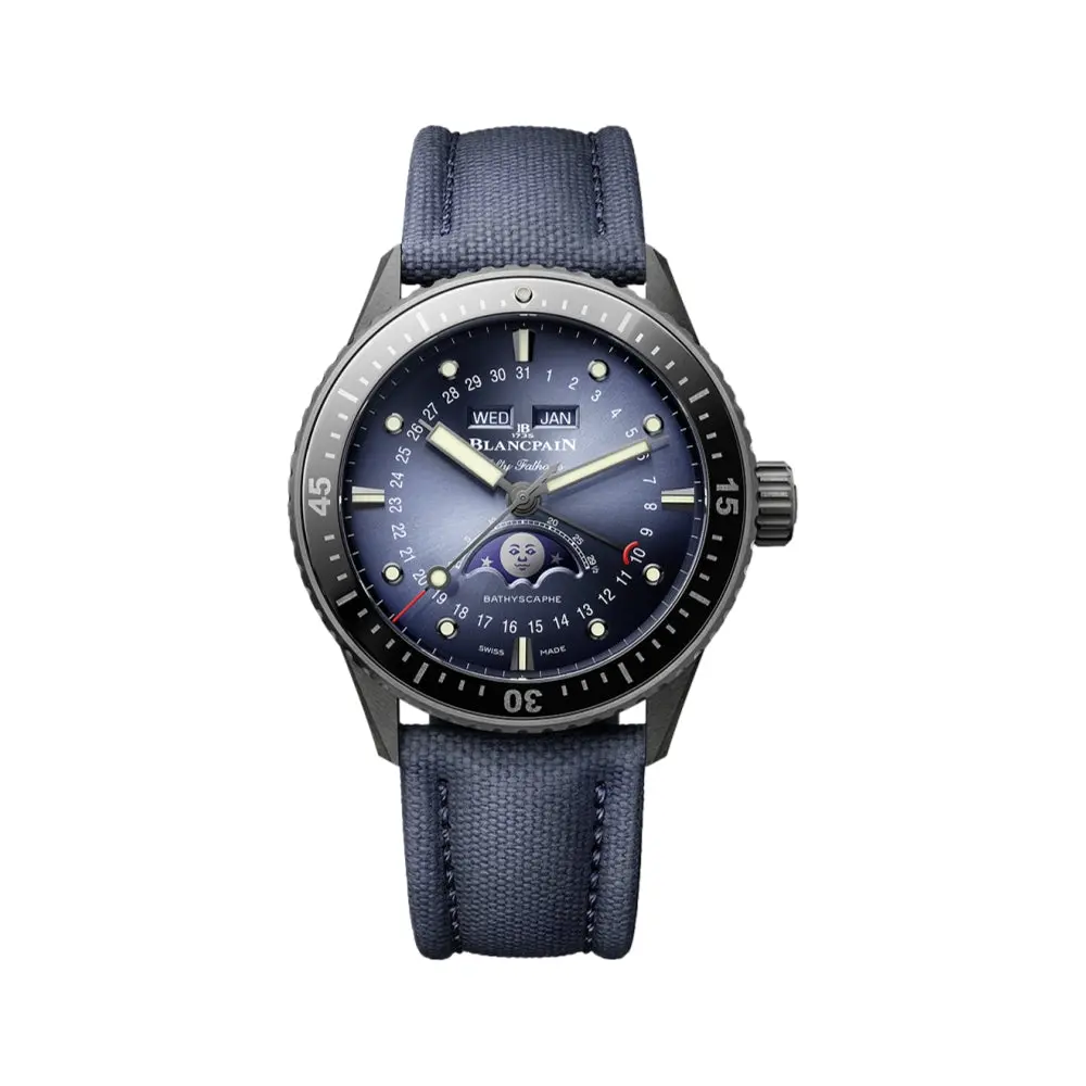 Fifty Fathoms Bathyscaphe Complete Calendar Moonphase Black Ceramic Bezel 43.6Mm - Blue On Sail-Canvas Strap 1