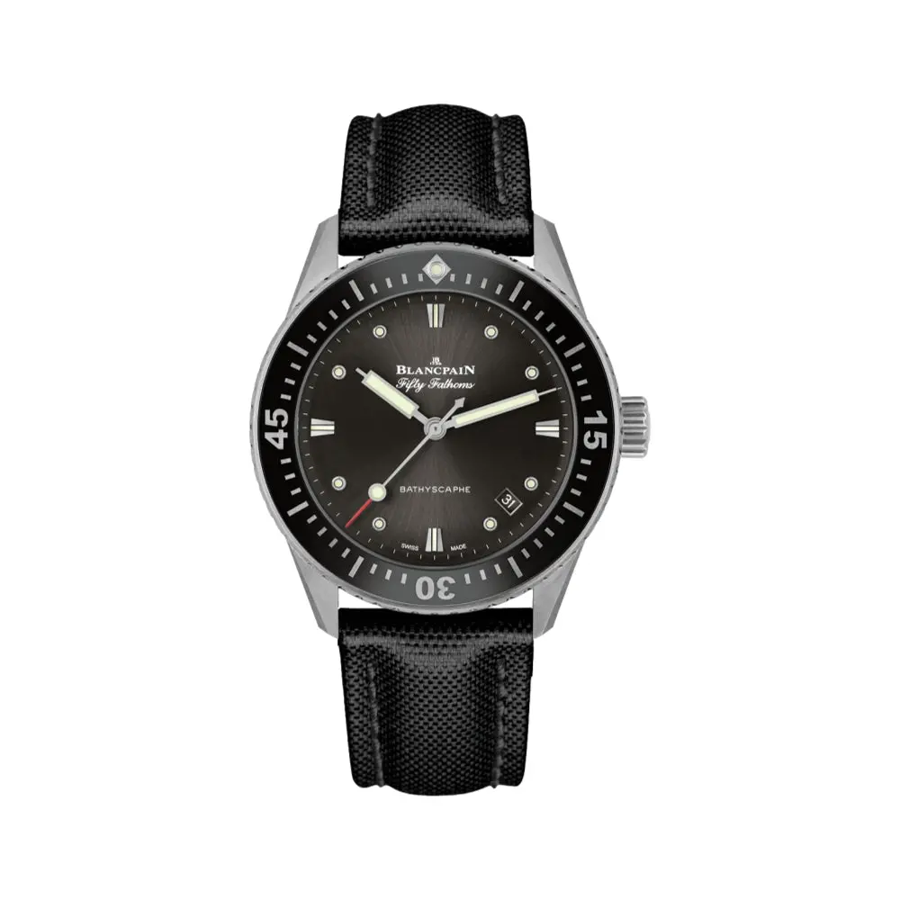 Fifty Fathoms Bathyscaphe Steel And Black Bezel 38Mm - Grey On Sail-Canvas Strap 1
