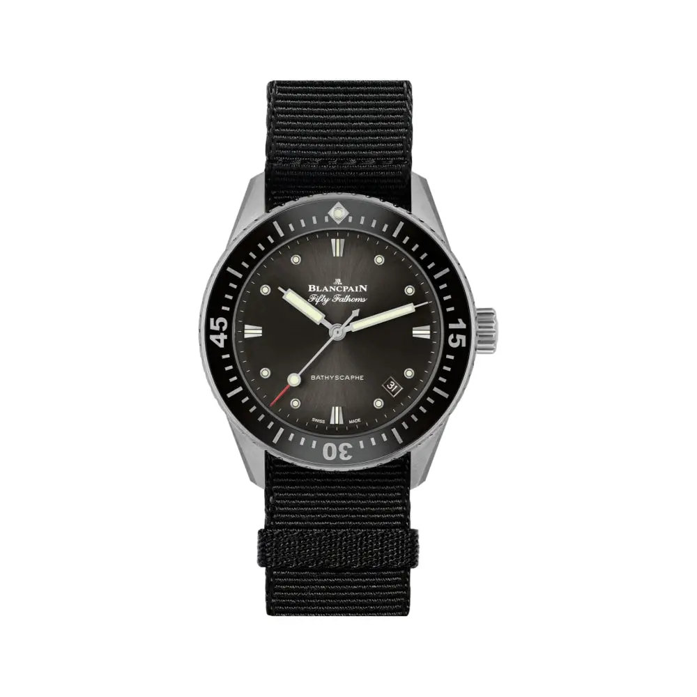 Fifty Fathoms Bathyscaphe Steel 38Mm - Black On One Piece Nylon Strap 1