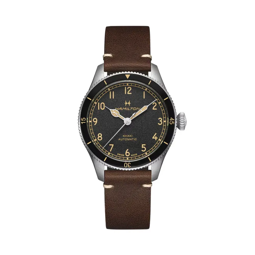 Khaki Aviation Pilot Pioneer 38Mm - Black On Leather Strap 1