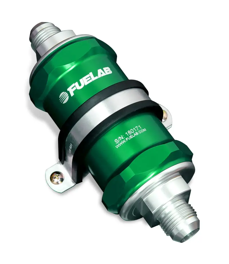 Fuelab 848 Inline Fuel Filter — -12An In / -8An Out, 40-Micron Stainless W/Check Valve (Green) 1