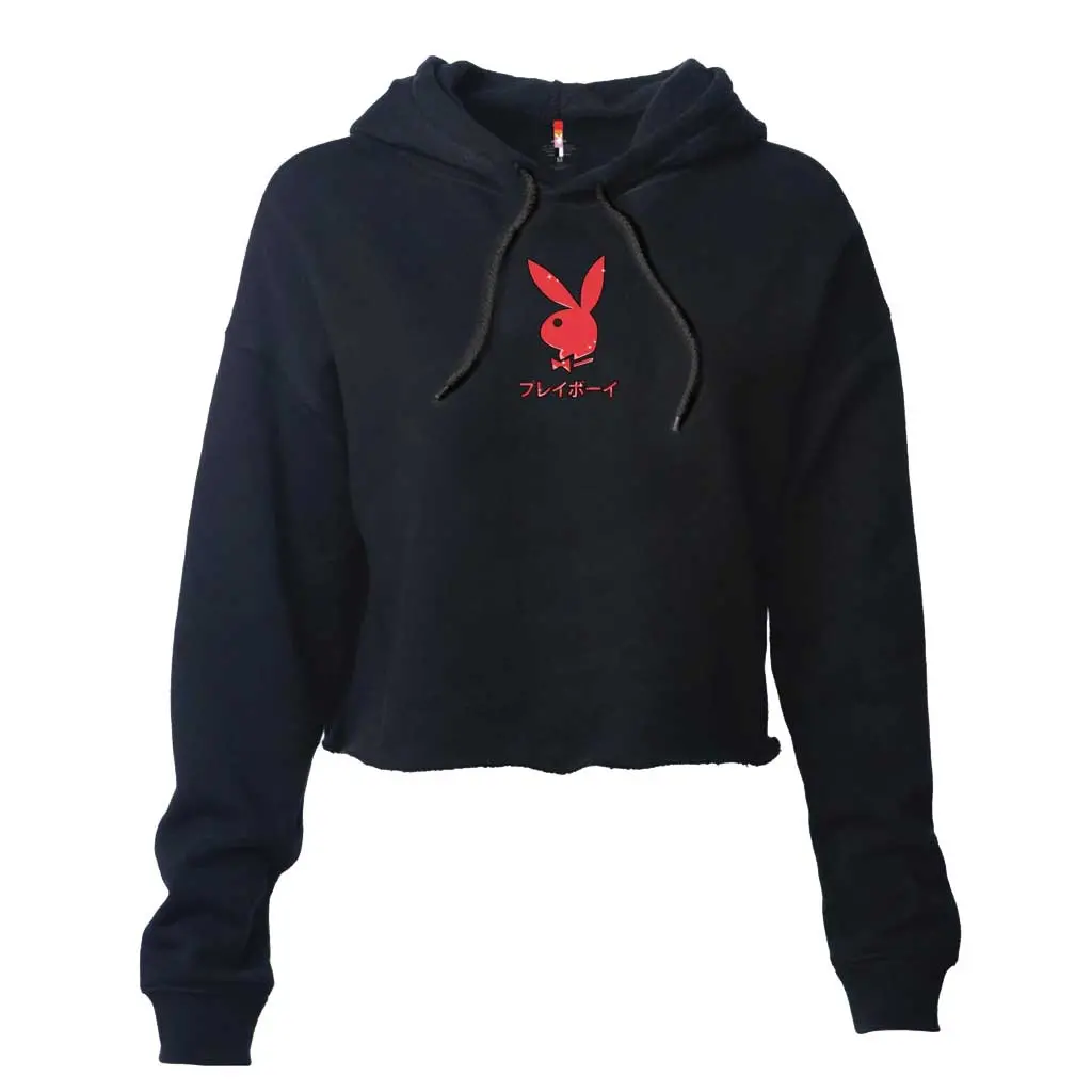 Color Bars X Playboy Women's Rabbit Head Crop Hoodie - Black 1