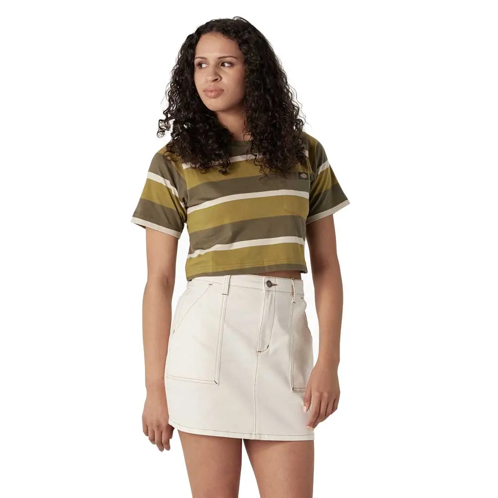 Dickies Women's Crop S/S Pattern Pocket Tee - Moss/Military Green Stripe 1