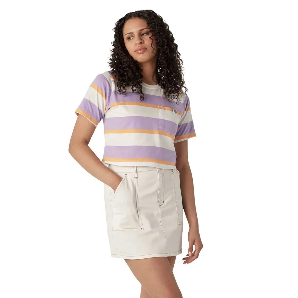 Dickies Women's Crop S/S Pattern Pocket Tee - White/Purple Collegiate Stripe 1
