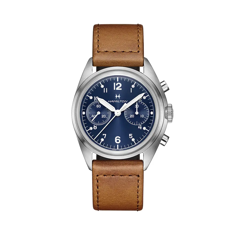 Khaki Aviation Pilot Pioneer Mechanical Chrono 40Mm - Blue On Leather Strap 1