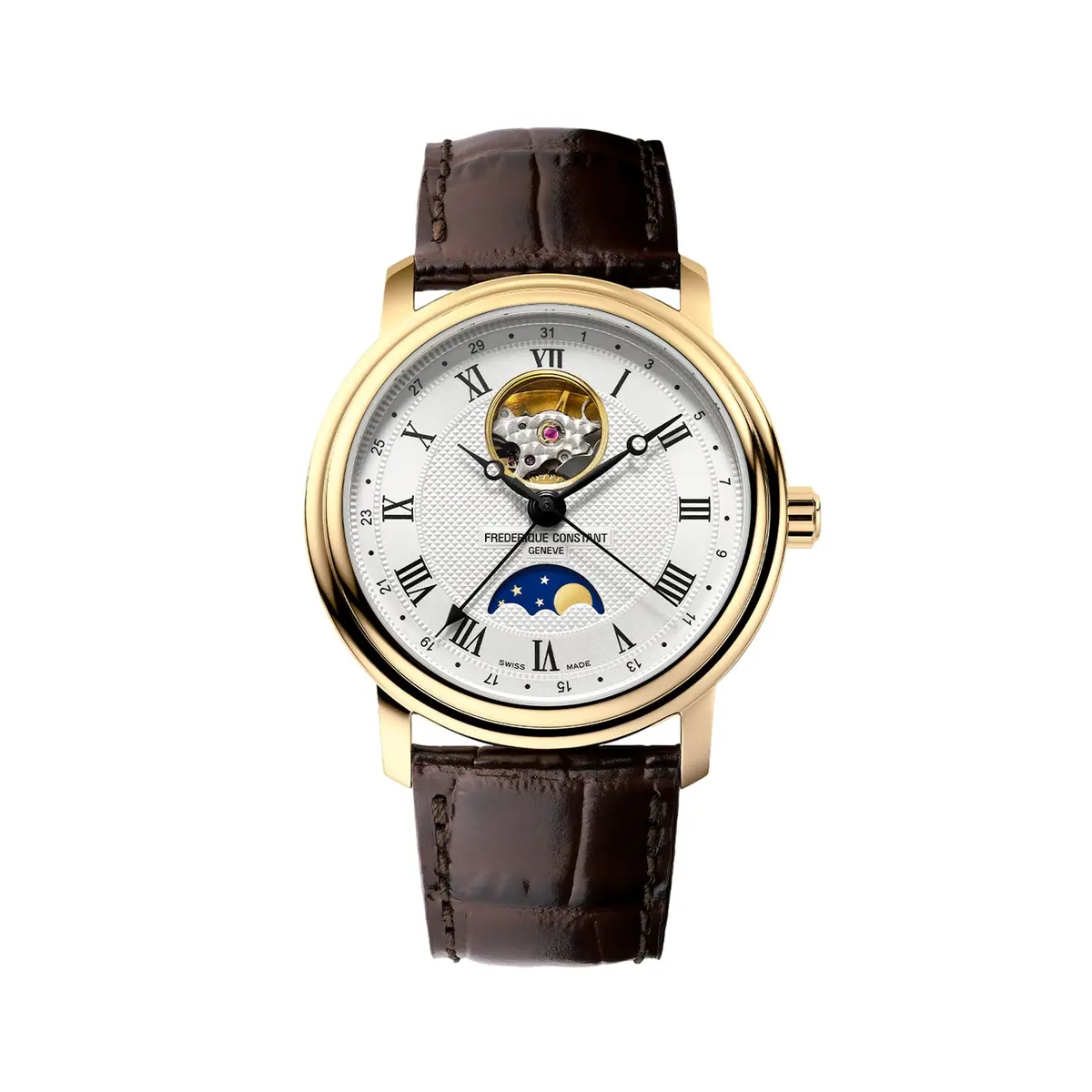 Classics Heart Beat Moonphase Date Gold-Tone 40Mm - Silver On Leather Strap 1