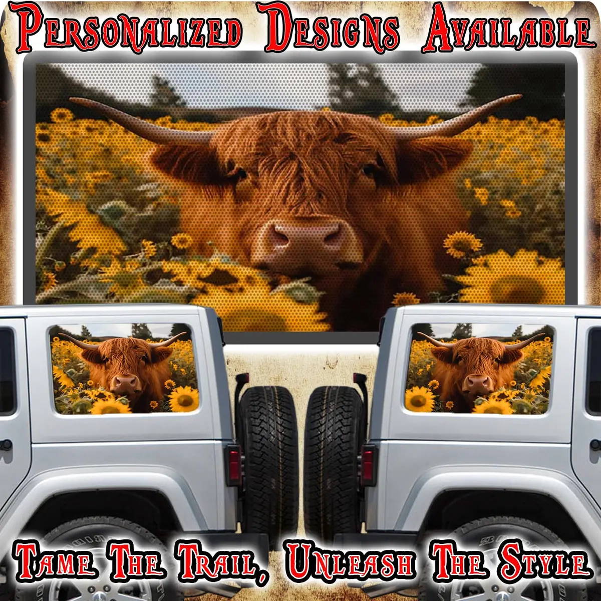 Highland Cow Rear Quarter Window See Through Graphic. 1