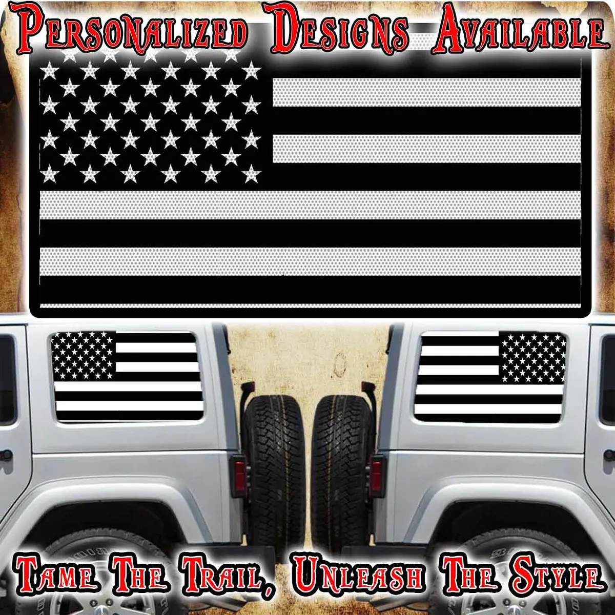 American Flag Black Rear Quarter Window See Through Graphic. 1