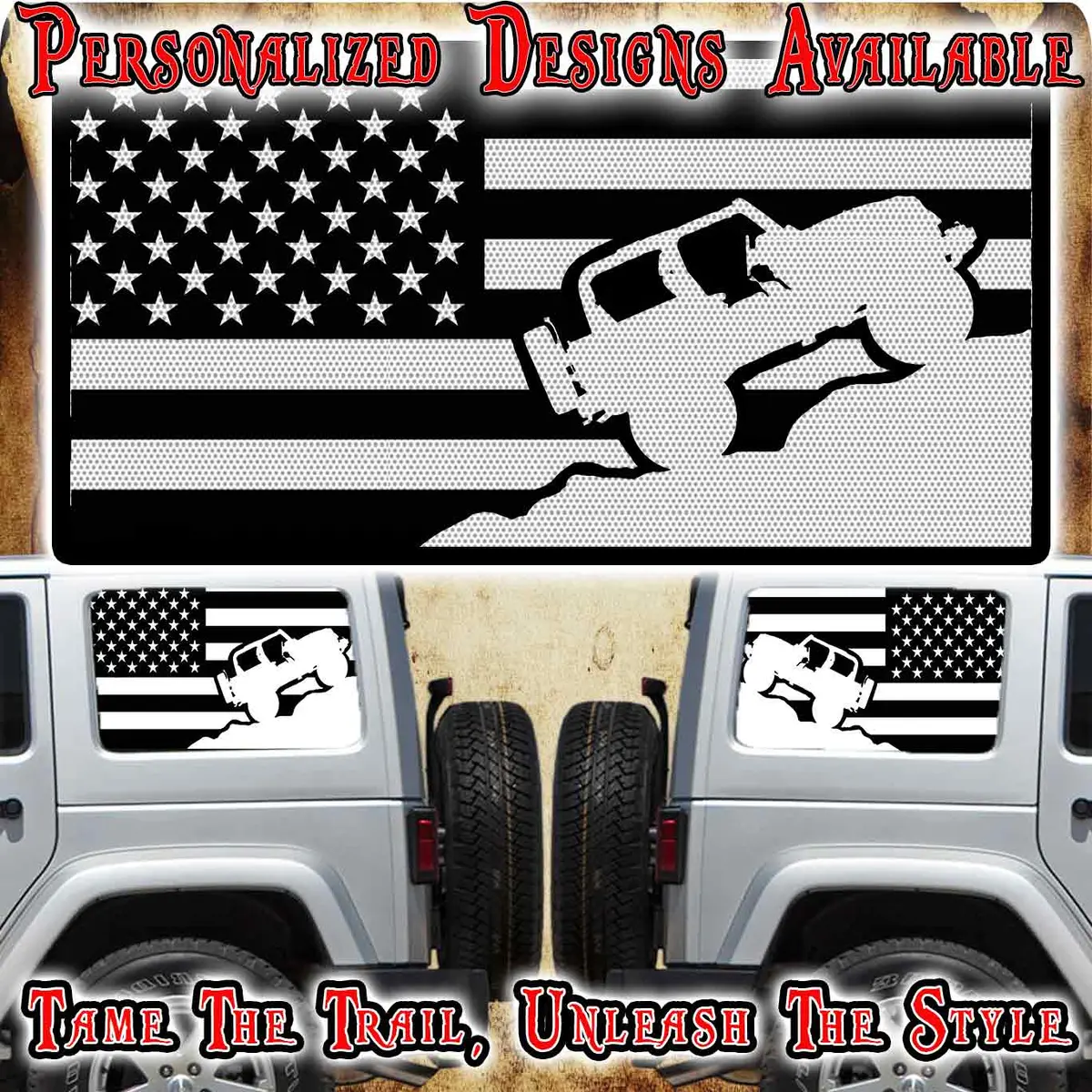 Rock Crawler American Flag Black Rear Quarter Window See Through Graphic. 1