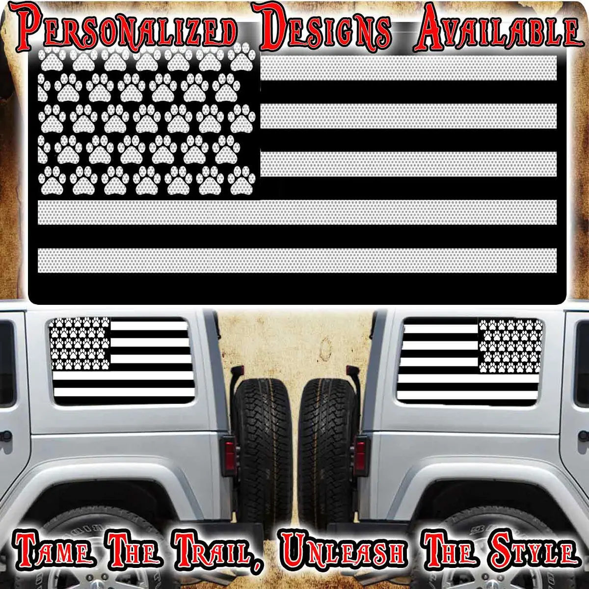 Paw Print American Flag Black Rear Quarter Window See Through Graphic. 1