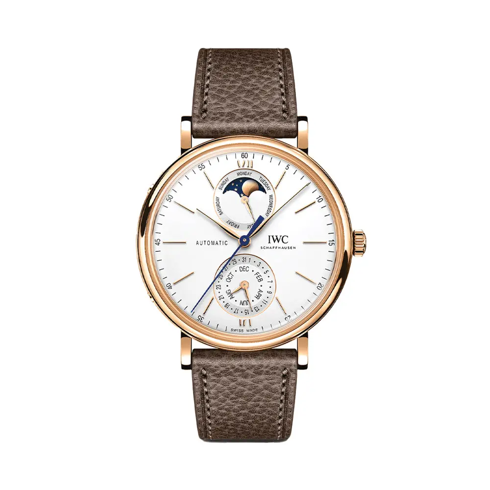 Portofino Complete Calendar 18K 5N Gold Case 41Mm - Silver-Plated On Leather Strap 1