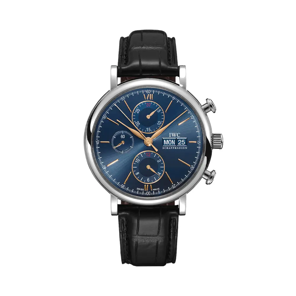 Portofino Chronograph Gold Accents 42Mm - Blue On Leather Strap 1