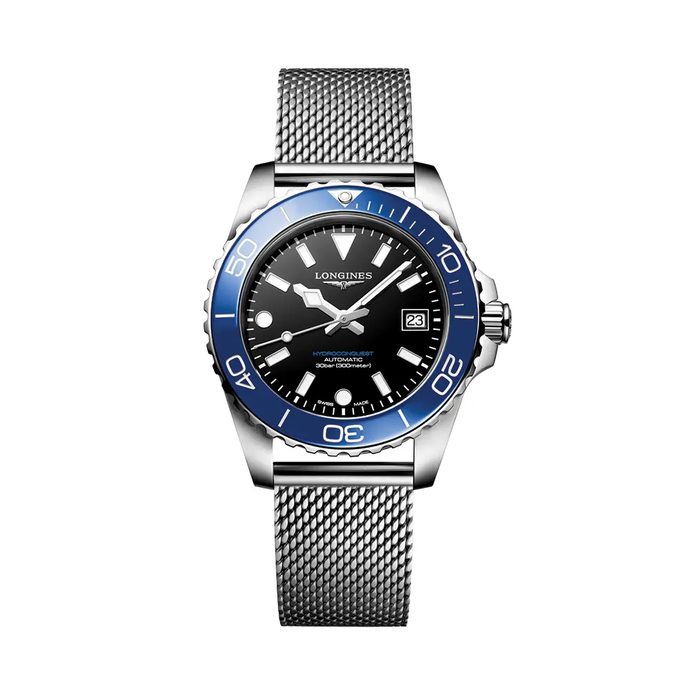 Hydroconquest 39Mm - Black, Blue Bezel On Mesh Bracelet 1