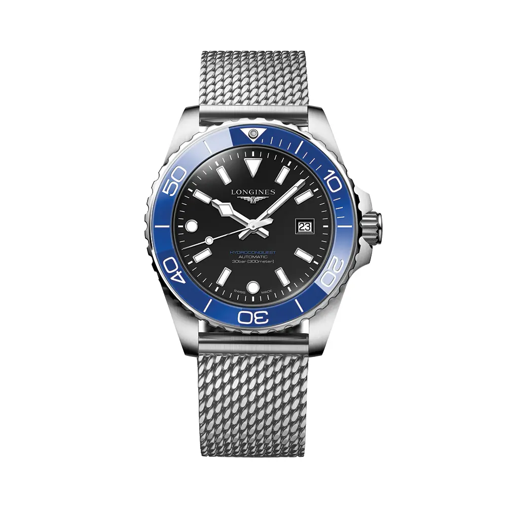 Hydroconquest 42Mm - Black, Blue Bezel On Mesh Bracelet 1