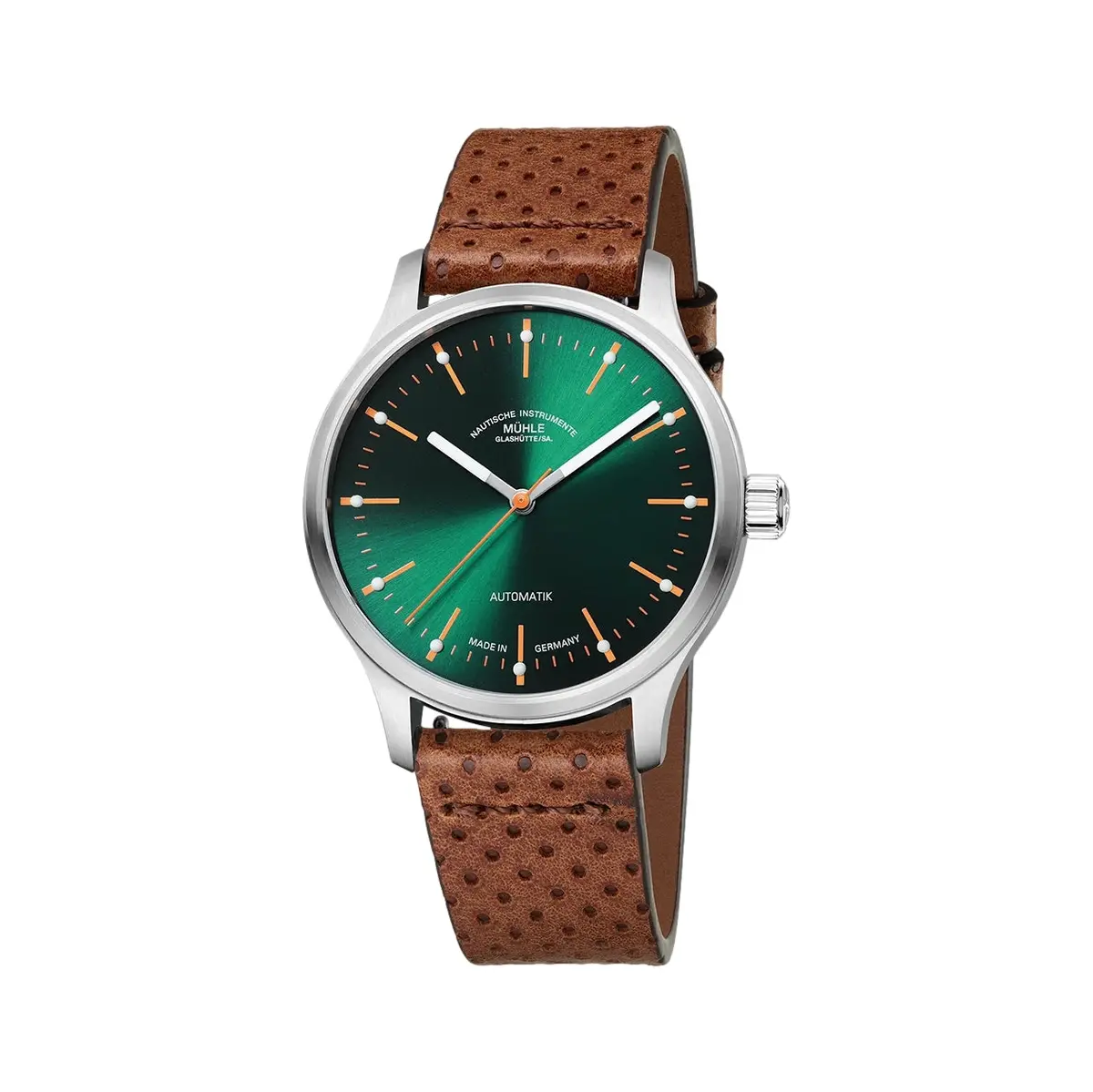 Panova 40Mm - Green On Perforated Brown Leather Strap 1