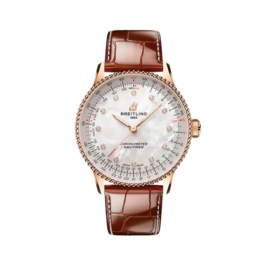 Navitimer Automatic Red Gold 36Mm - White W/ Diamonds On Leather Strap 1