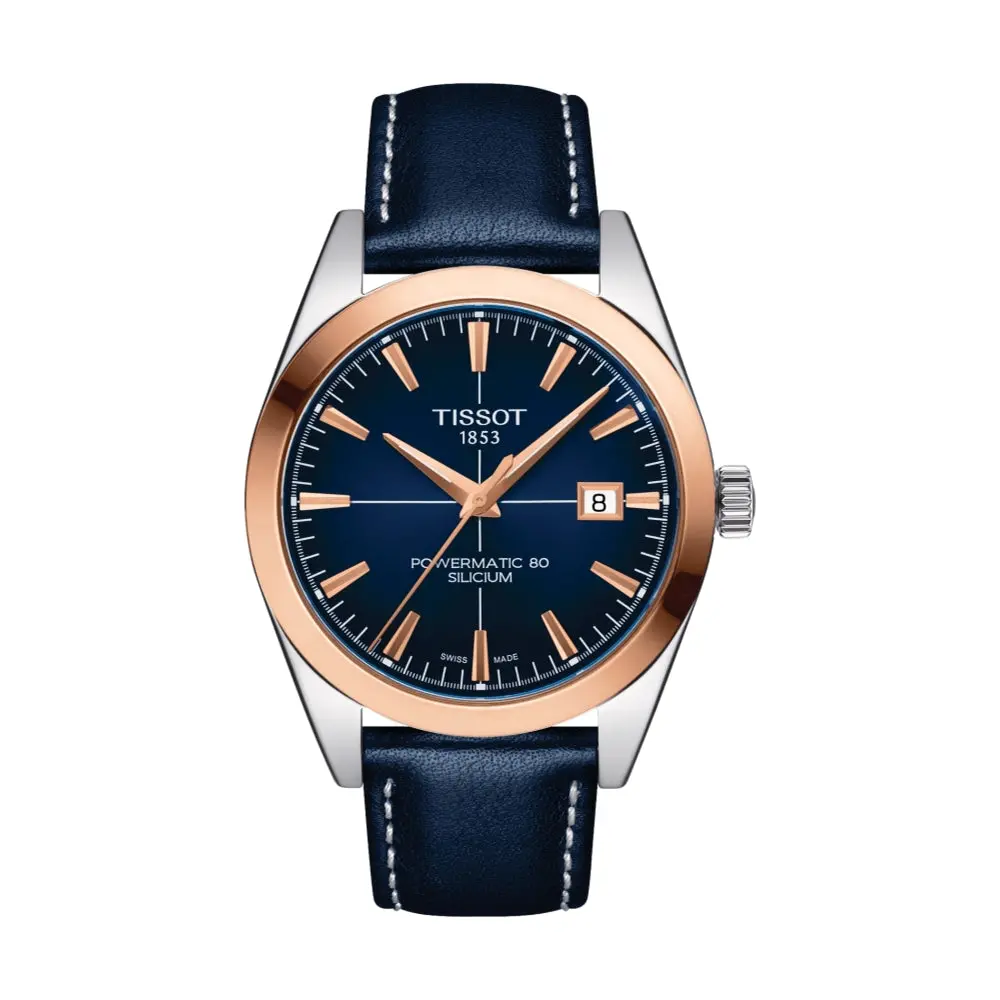 Gentleman Powermatic 80 Silicium Solid 18K Gold Bezel 40Mm - Blue On Leather Strap 1