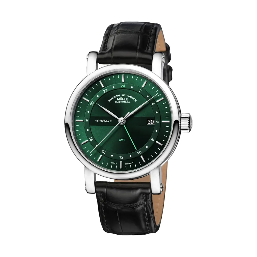 Teutonia Ii Gmt Green Dial 41Mm On Black Croco-Print Leather Strap 1