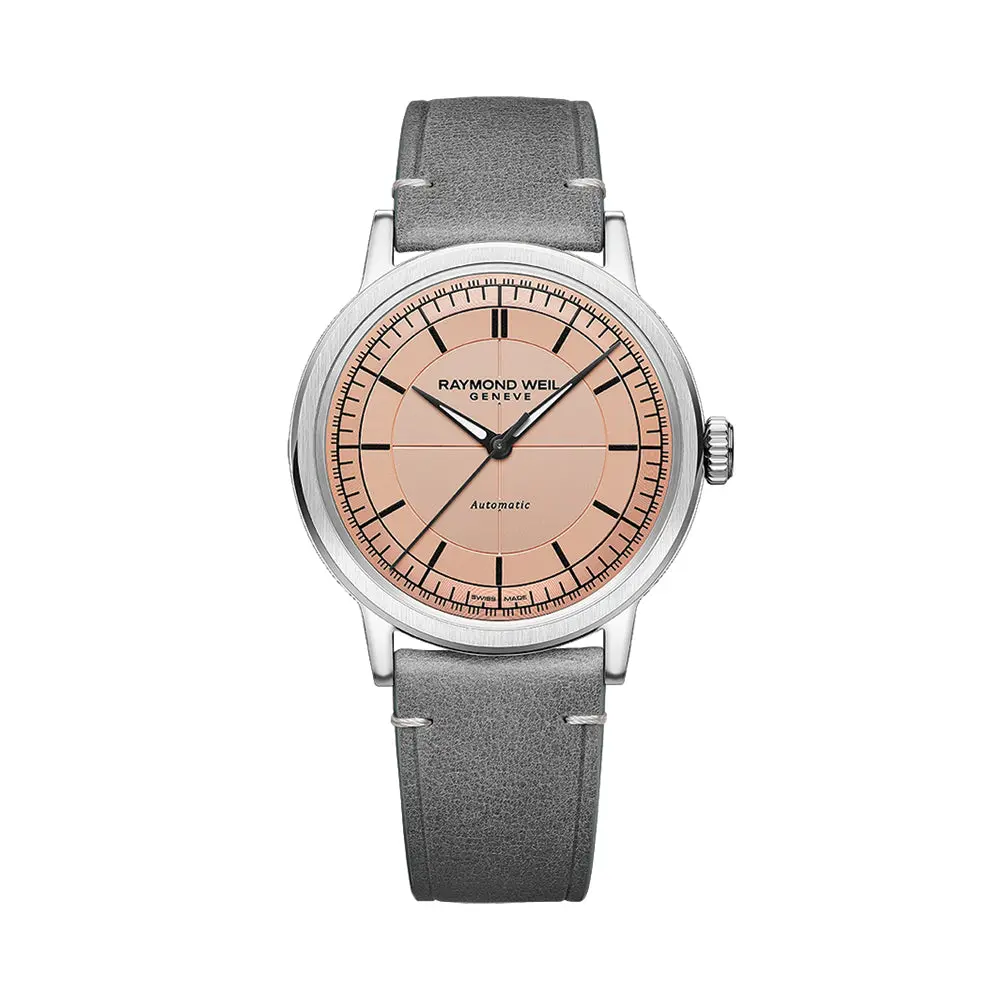 Millesime Men's Automatic Sector Dial 39.5Mm - Salmon On Leather Strap 1