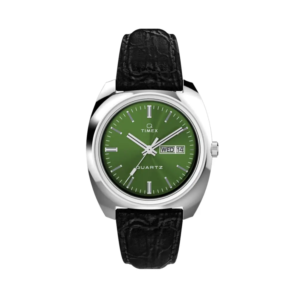 Q Timex 1978 Day/Date 37Mm - Green On Leather Strap 1