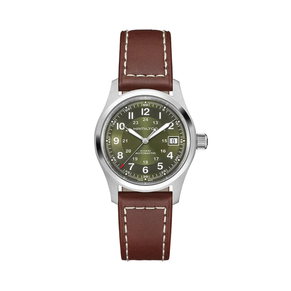 Khaki Field Auto Date 38Mm - Green On Leather Strap 1